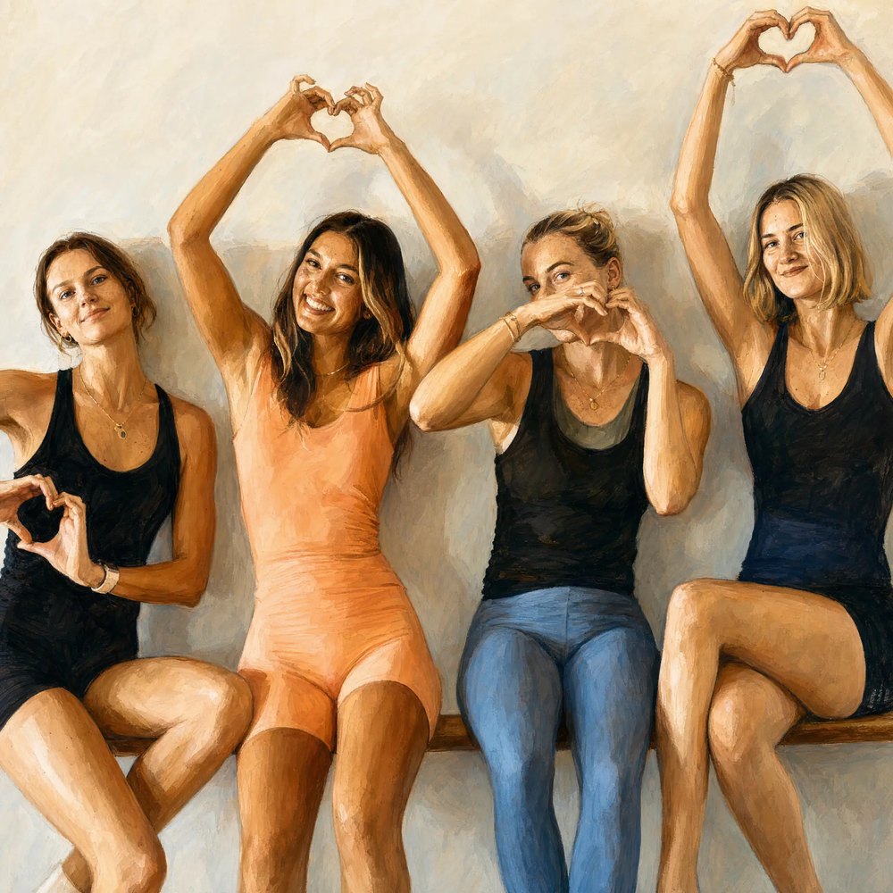 Four Reformed members sitting on the barre, making hearts with their hands